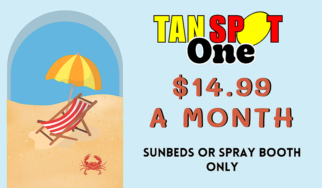 Beach scene with an umbrella, a beach chair, and a crab, alongside promotional text for tanning beds or spray booths for $14.99 per month, with a note for sunbeds or spray booth only.