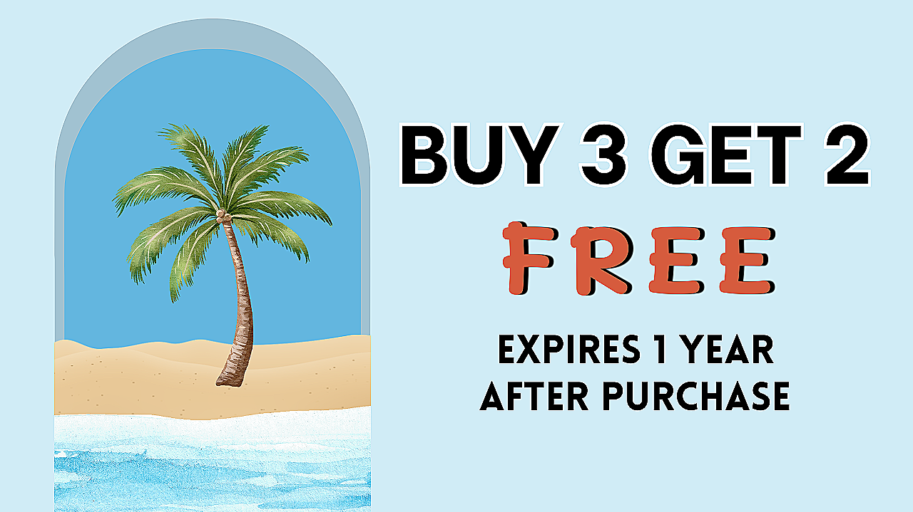 Beach scene with a palm tree, sandy shore, and ocean waves, alongside promotional text offering a buy 3 get 2 free deal with 1-year expiration after purchase.
