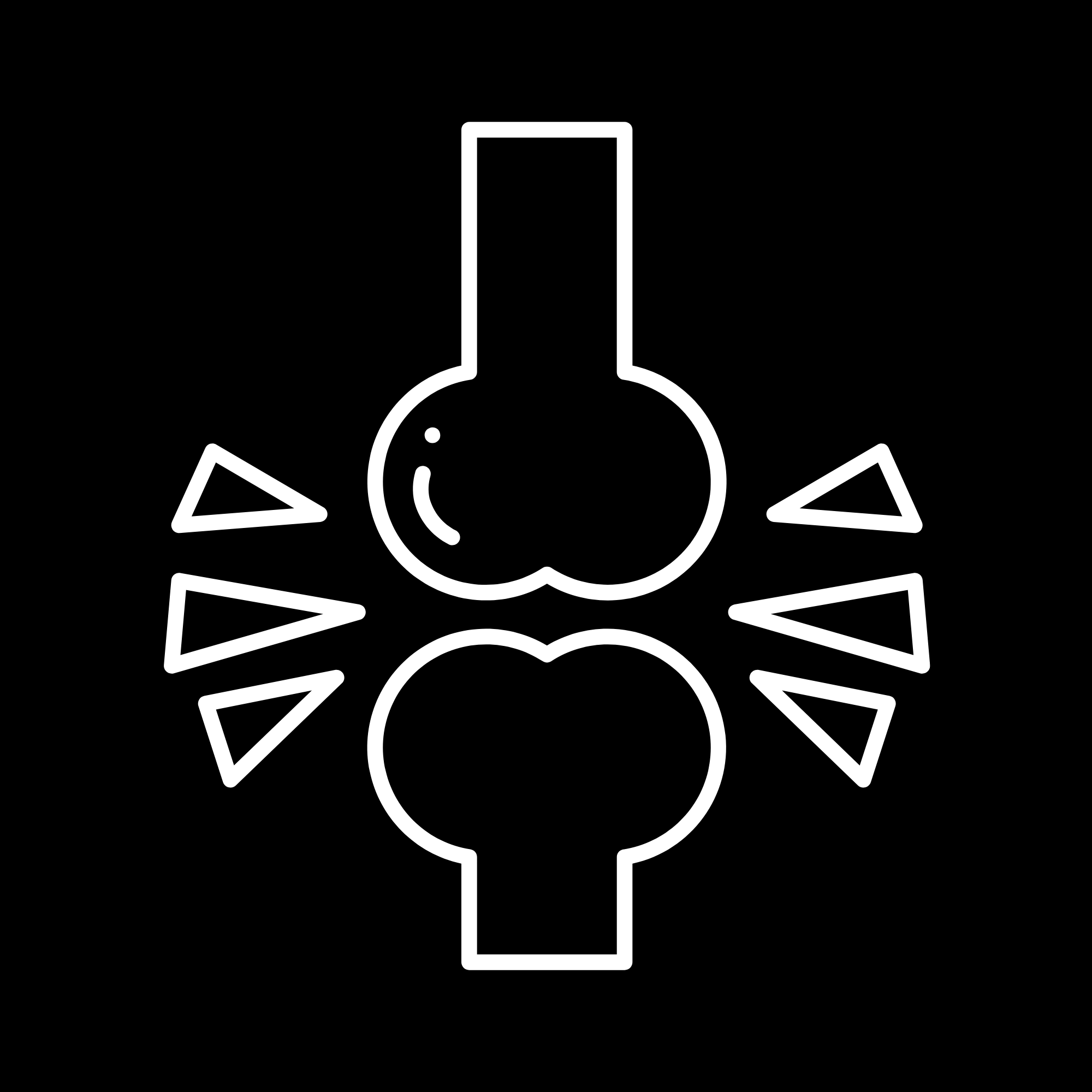 Black and white outline drawing of a group of party blowers, with a central party horn emitting confetti.