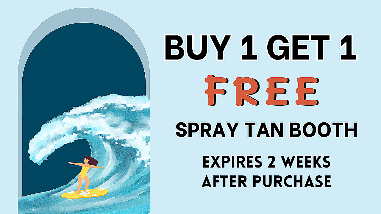 An advertisement offering a free spray tan booth with purchase, featuring a cartoon girl surfing on a large wave on the left side and promotional text on the right side.
