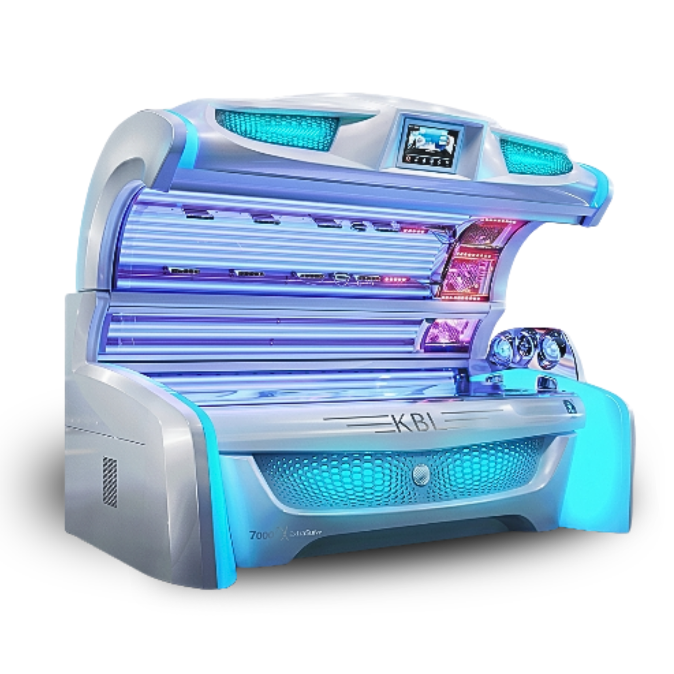 A futuristic tanning bed with blue and white design, featuring a digital display and blue lights.