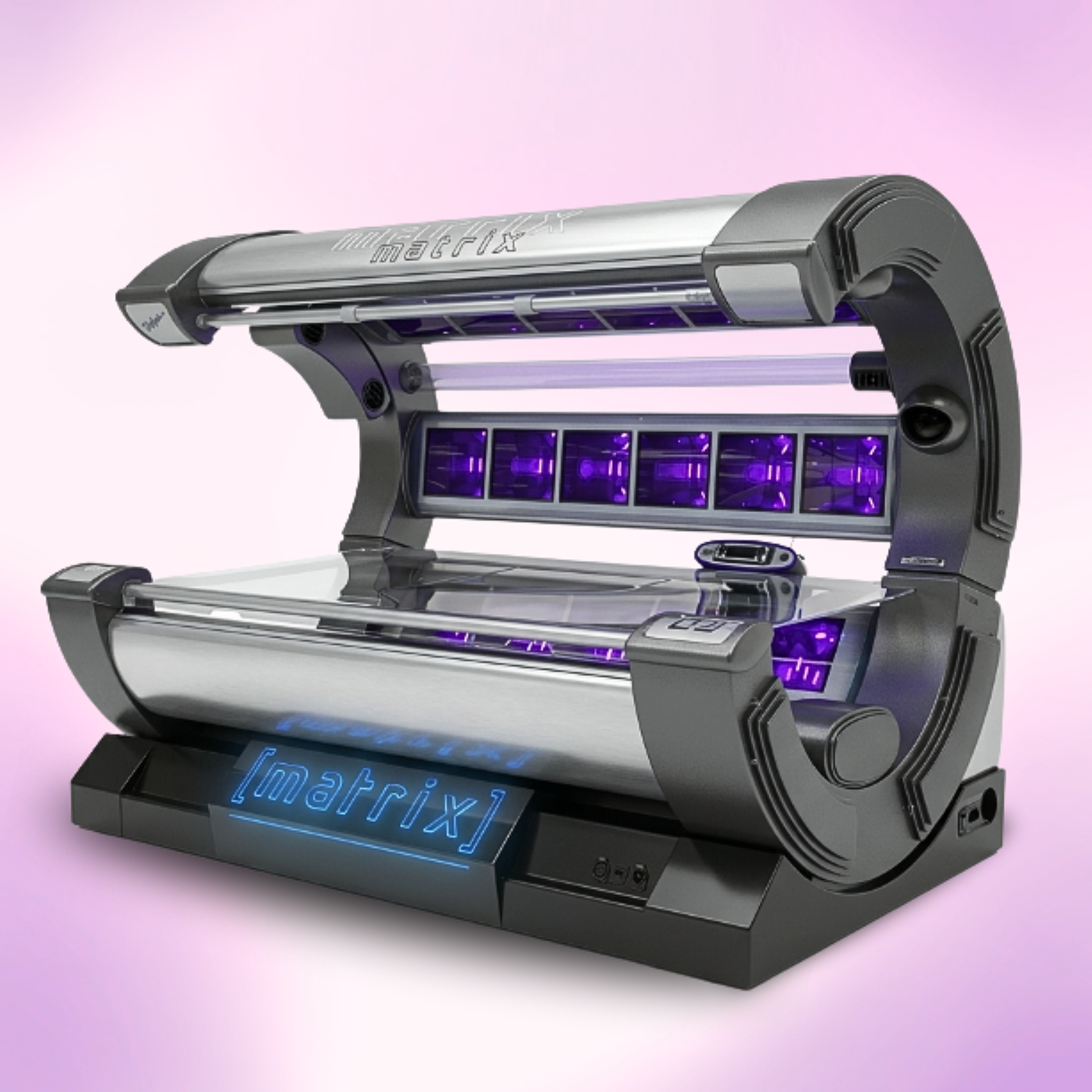 A modern, sleek mercury vapor tanning bed with purple UV lights and a digital display, set against a light purple background.