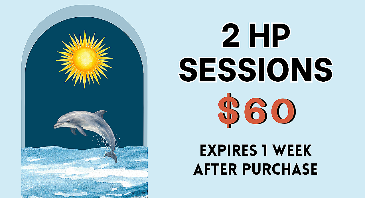 Advertisement for two 1-hour dolphin therapy sessions costing $60, with one week expiry. Illustration of a dolphin jumping out of the water under a bright sun.
