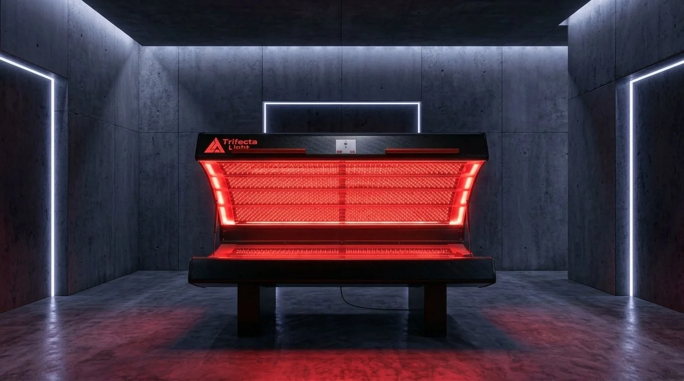 An empty modern bus stop with a red illuminated shelter in a dark room with concrete walls and floors, and neon light accents.
