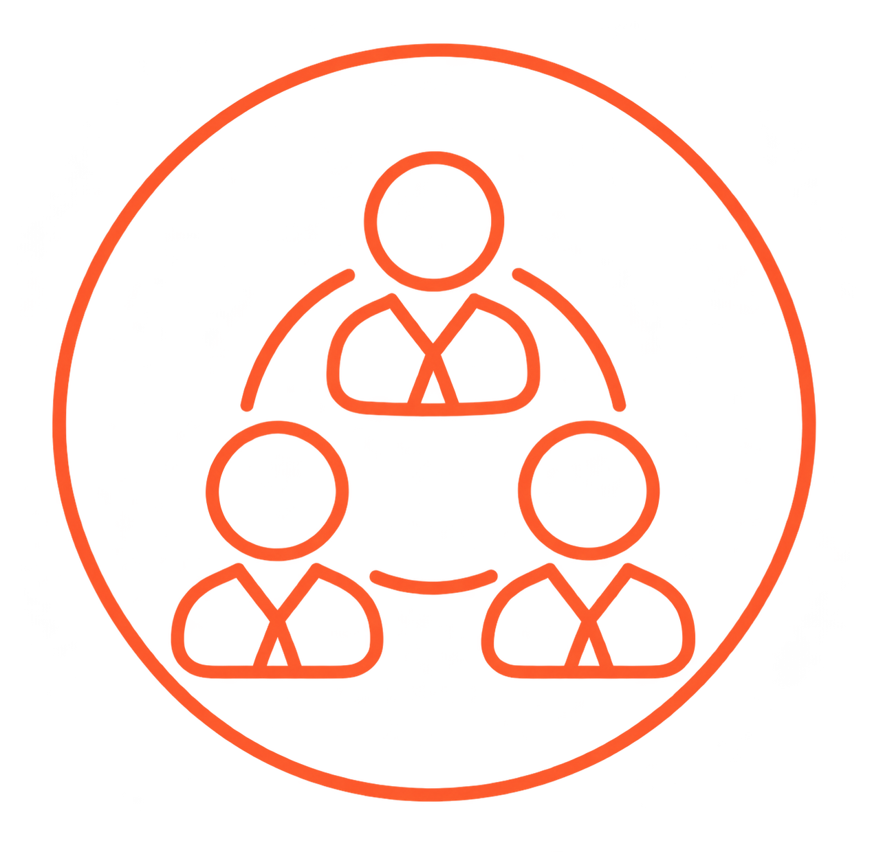 Neon red icon of three people connected by lines, representing teamwork or a network.