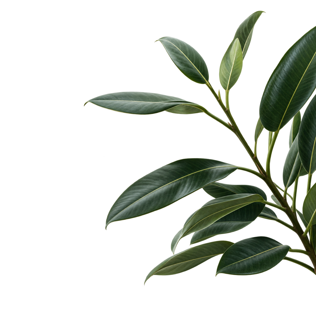 Close-up of a branch with dark green, glossy leaves against a transparent background.