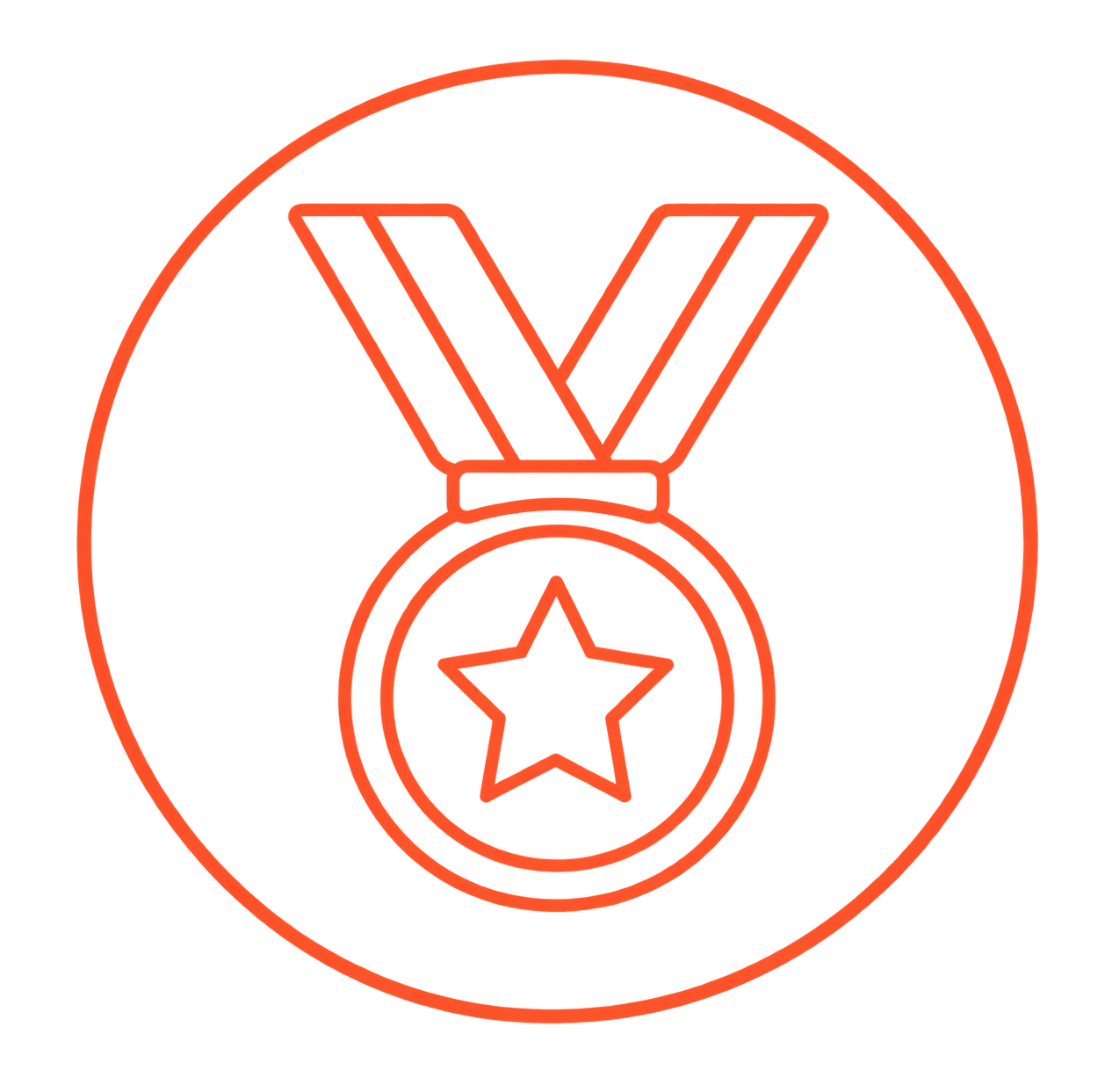 Red neon outline of a medal with a star in the center, inside a circle.