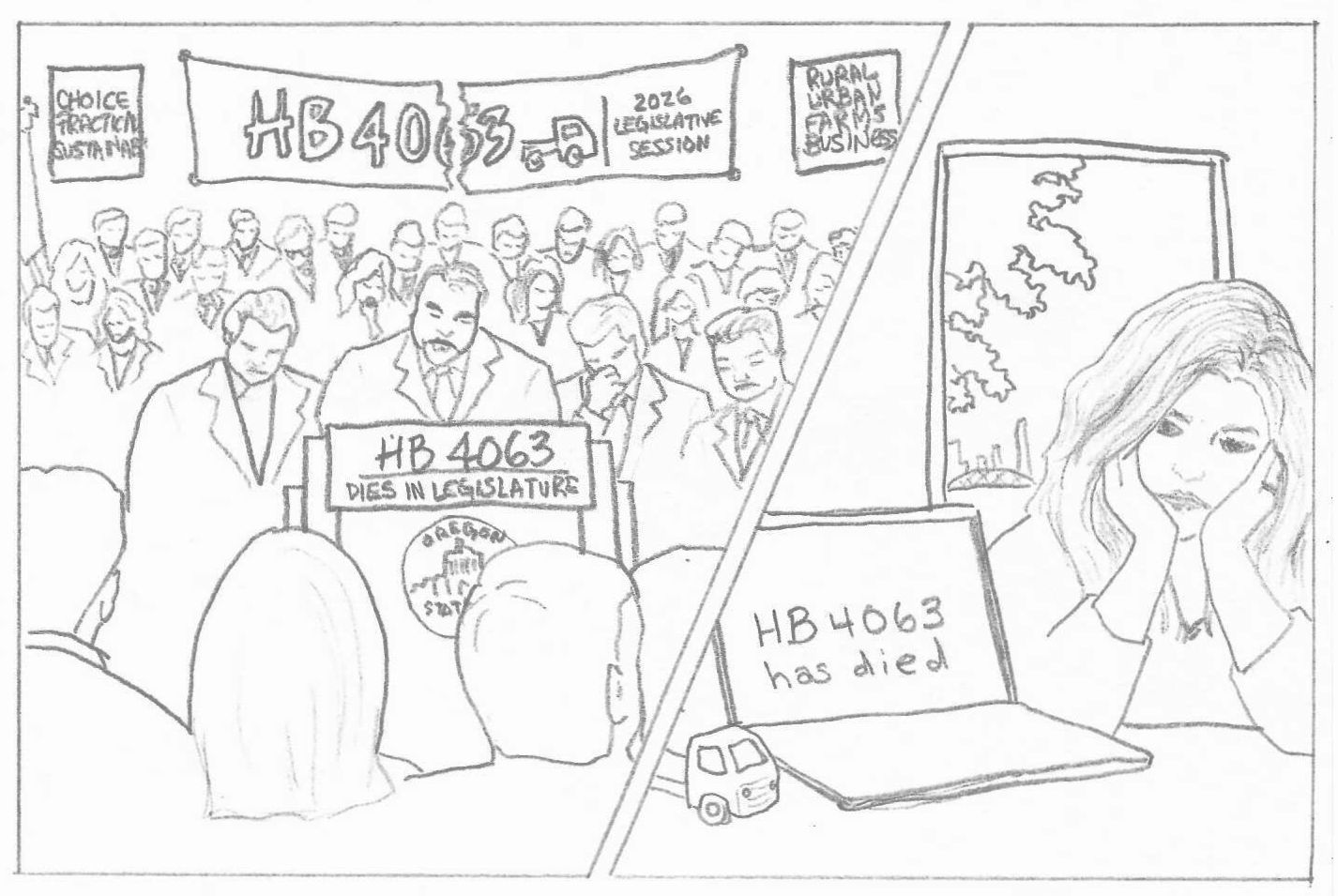 Once again a split image shows the legislators and the woman in the car who has been following the legalization battle as disappointed when HB 4063 dies again in the 2026 session.