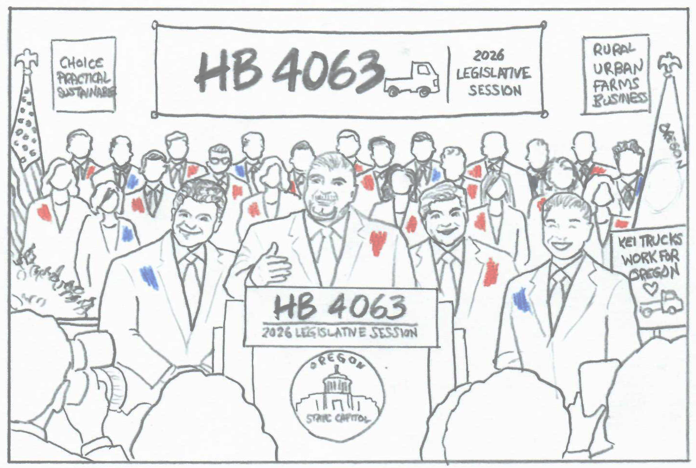 Representative Virgle Osborne is shown behind a podium with a bipartisan group of legislators introducing HB 4063 to legalize kei trucks to the 2026 session.  Pro-kei-truck signs are up behind them.