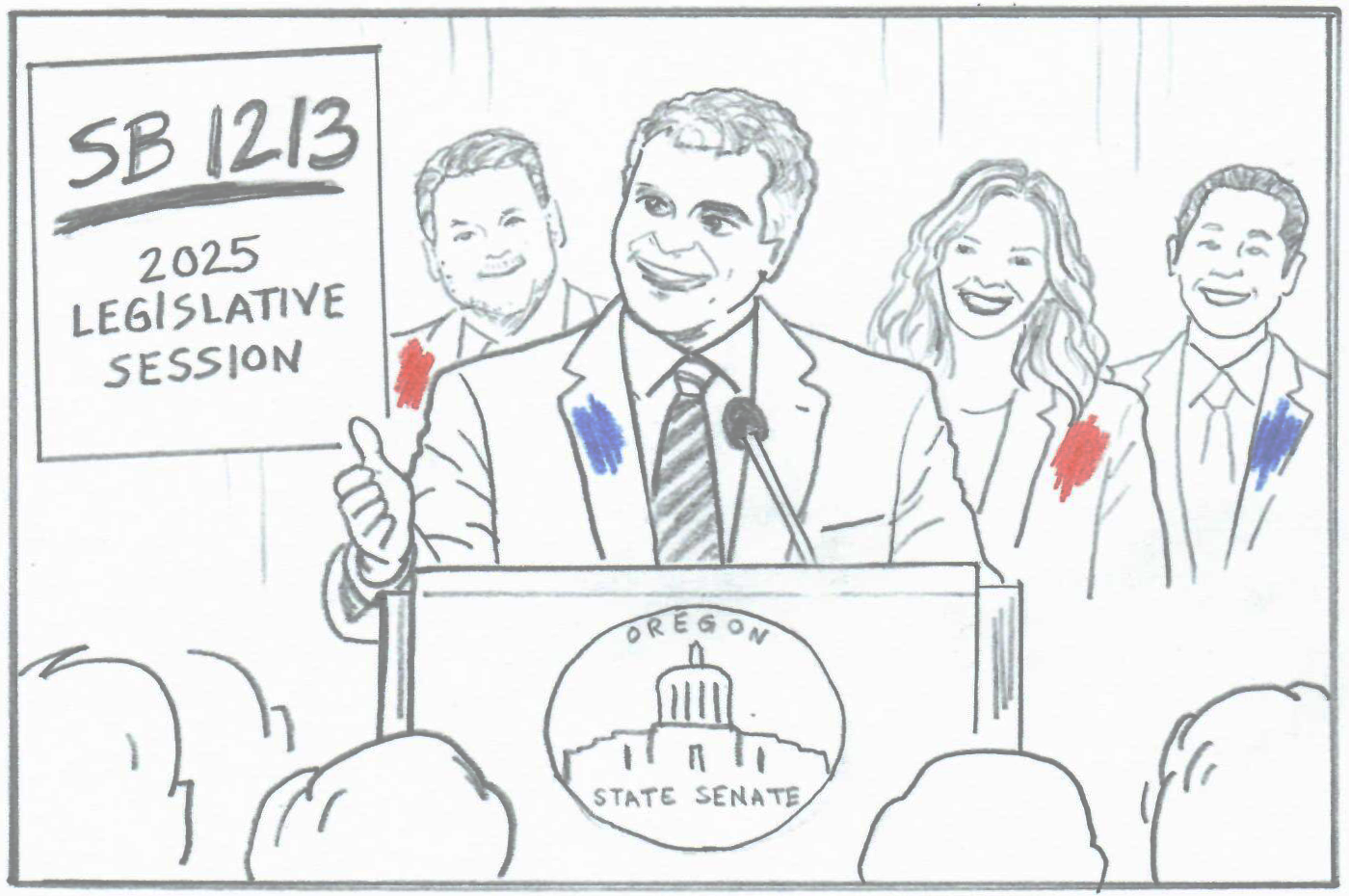 Senator Anthony Broadman is behind a podium introducing SB 1213 to legalize kei trucks in Oregon to the 2025 legislature. With him are three bipartisan legislators who cosigned the bill. leg