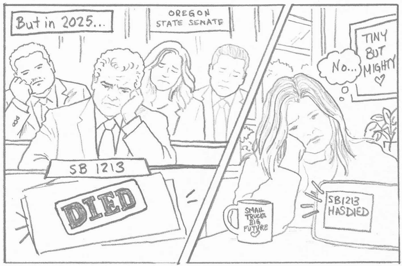The image is a split panel showing that in 2025 SB 1213 died, and the disappointment of both the legislators and the woman in the car. Kei trucks won't be legalized in 2025.