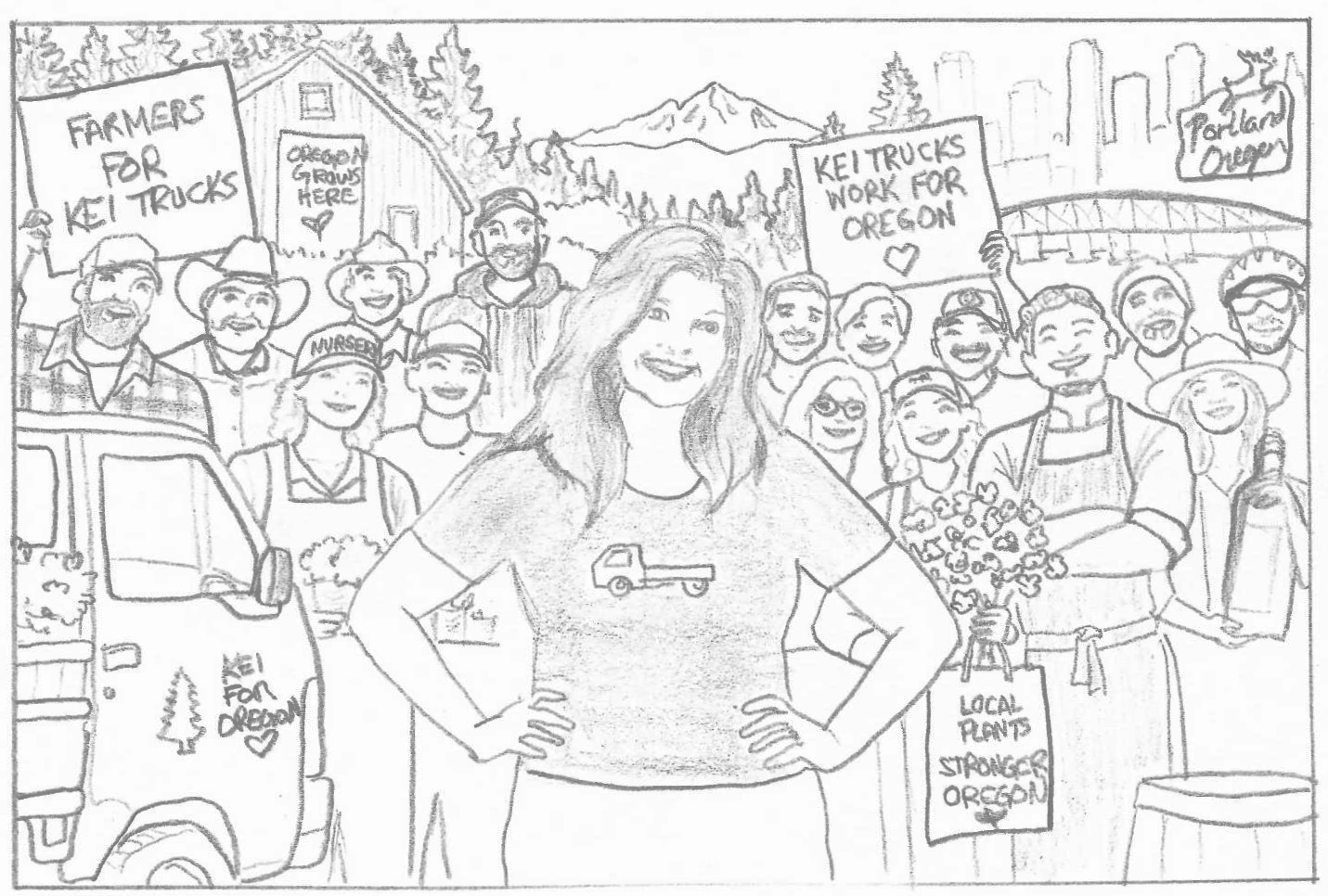 The woman in the car stands in front of a diverse crowd of Oregonians wearing a kei truck shirt. The crowd behind her are farmers, ranchers, nursery owners, wineries, city residents, rural residents and more, all supporting kei truck legalization.