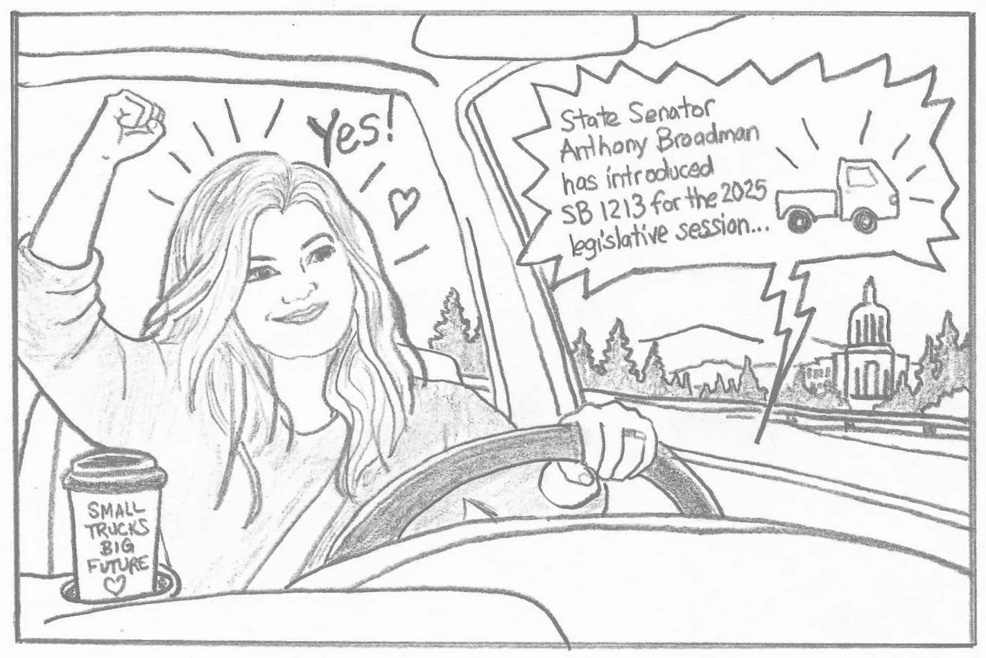 A woman in her car hears on the radio that SB 1213 to legalize kei trucks in Oregon was introduced and says "YES"! She has a coffee cup that says "Small trucks, big future."