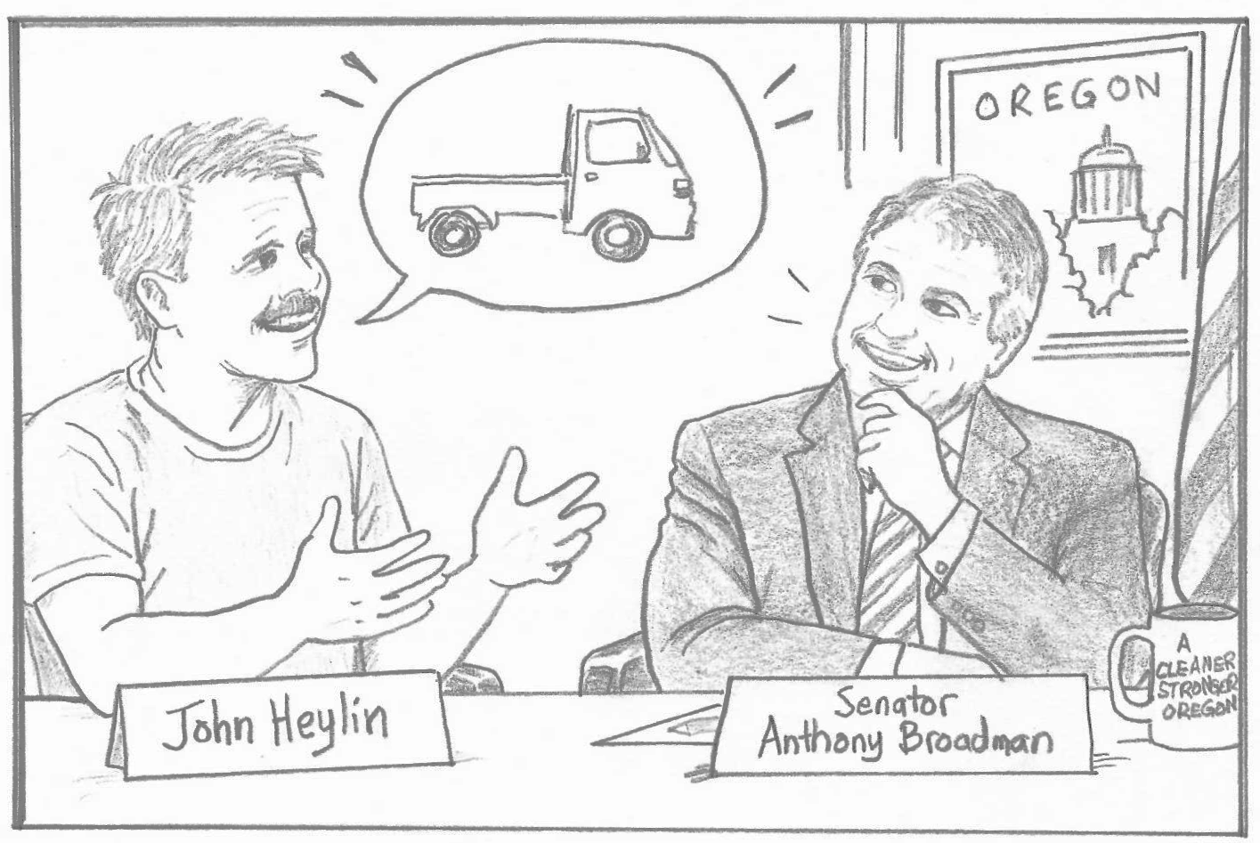 John Heylin is telling Senator Anthony Broadman about the benefits of kei trucks and Senator Broadman is very receptive. John's speech bubble contains a kei truck.