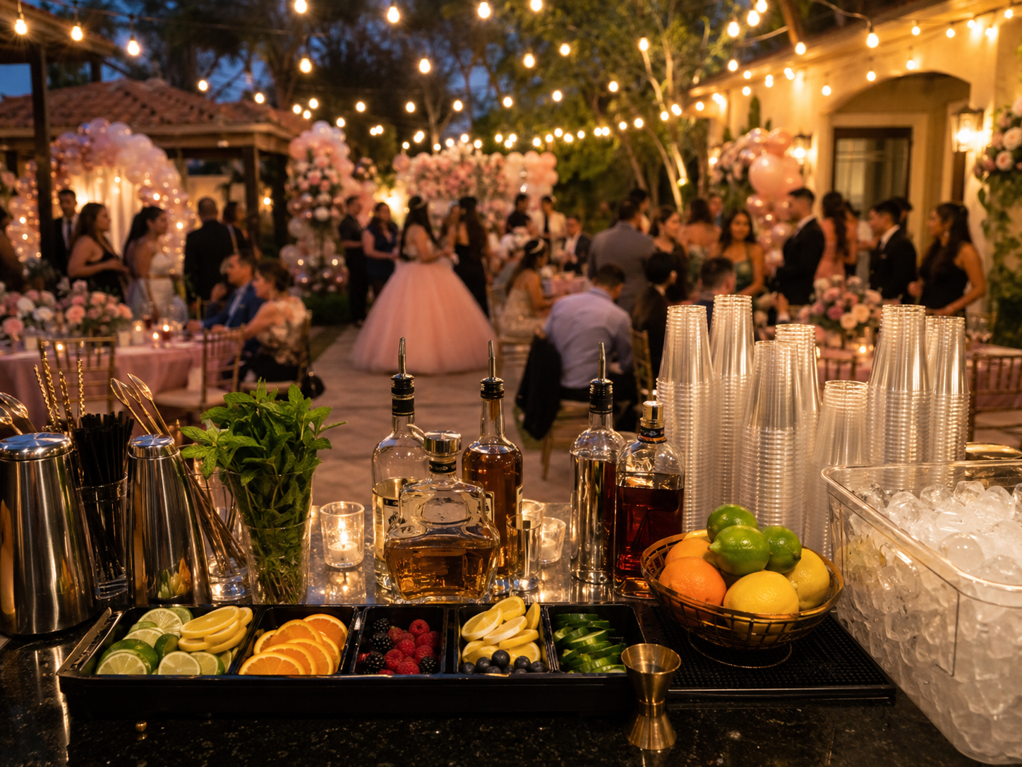 A bar setup with fresh fruit, liquor bottles, and herbs in the foreground, with a lively outdoor celebration in the background featuring string lights, pink balloon arches, and guests in formal attire at tables decorated with flowers.