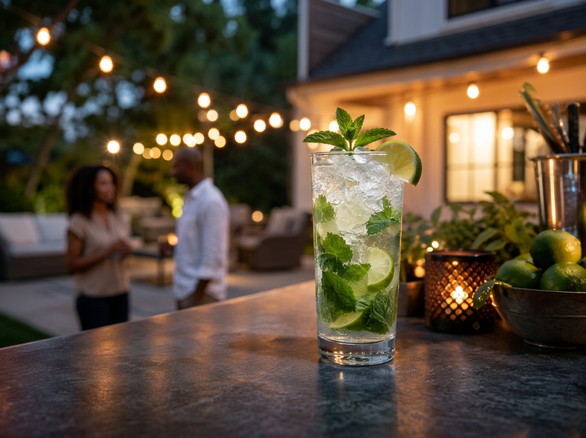 Close-up of a mojito cocktail in a tall glass with lime slices and mint leaves, on an outdoor table at dusk with blurred background of people and string lights.