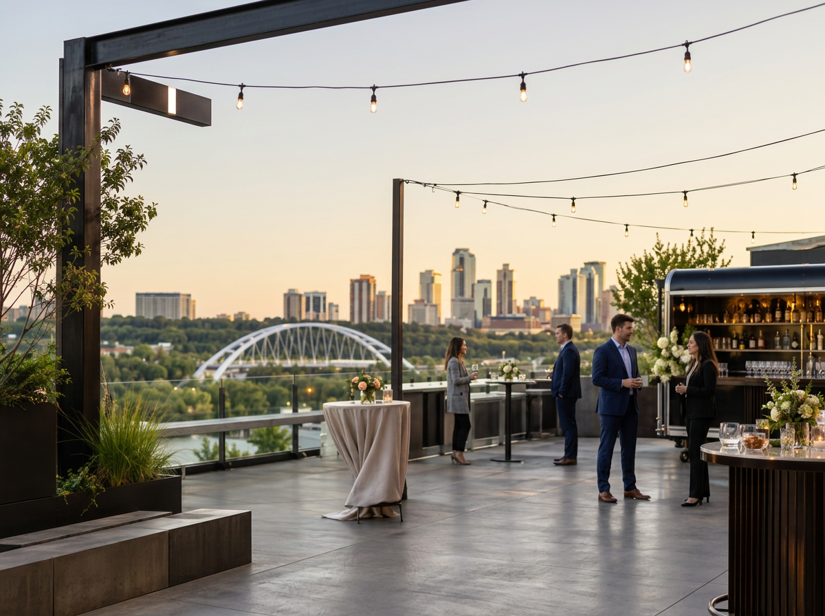People at a rooftop reception with city skyline and bridge in the background during sunset, decorated with string lights and floral arrangements.