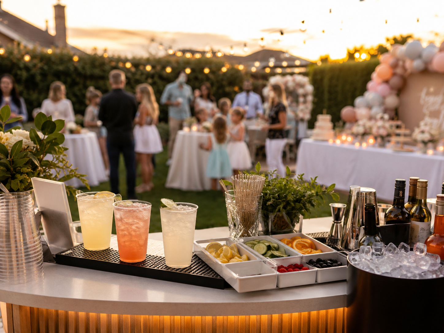 A cocktail bar at an outdoor birthday party during sunset, with a garden and string lights in the background. The bar features three colorful drinks, fresh fruit garnishes, and bottles of alcohol, with people in the background celebrating around tables.