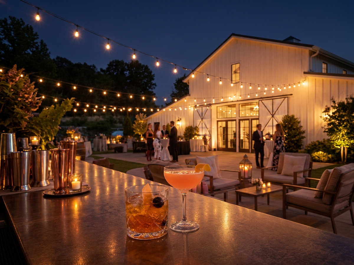 An outdoor evening party with string lights hanging above a patio area, people socializing near a large white barn-style building, with a bar in the foreground holding two cocktails, and patio furniture with candles and lanterns.