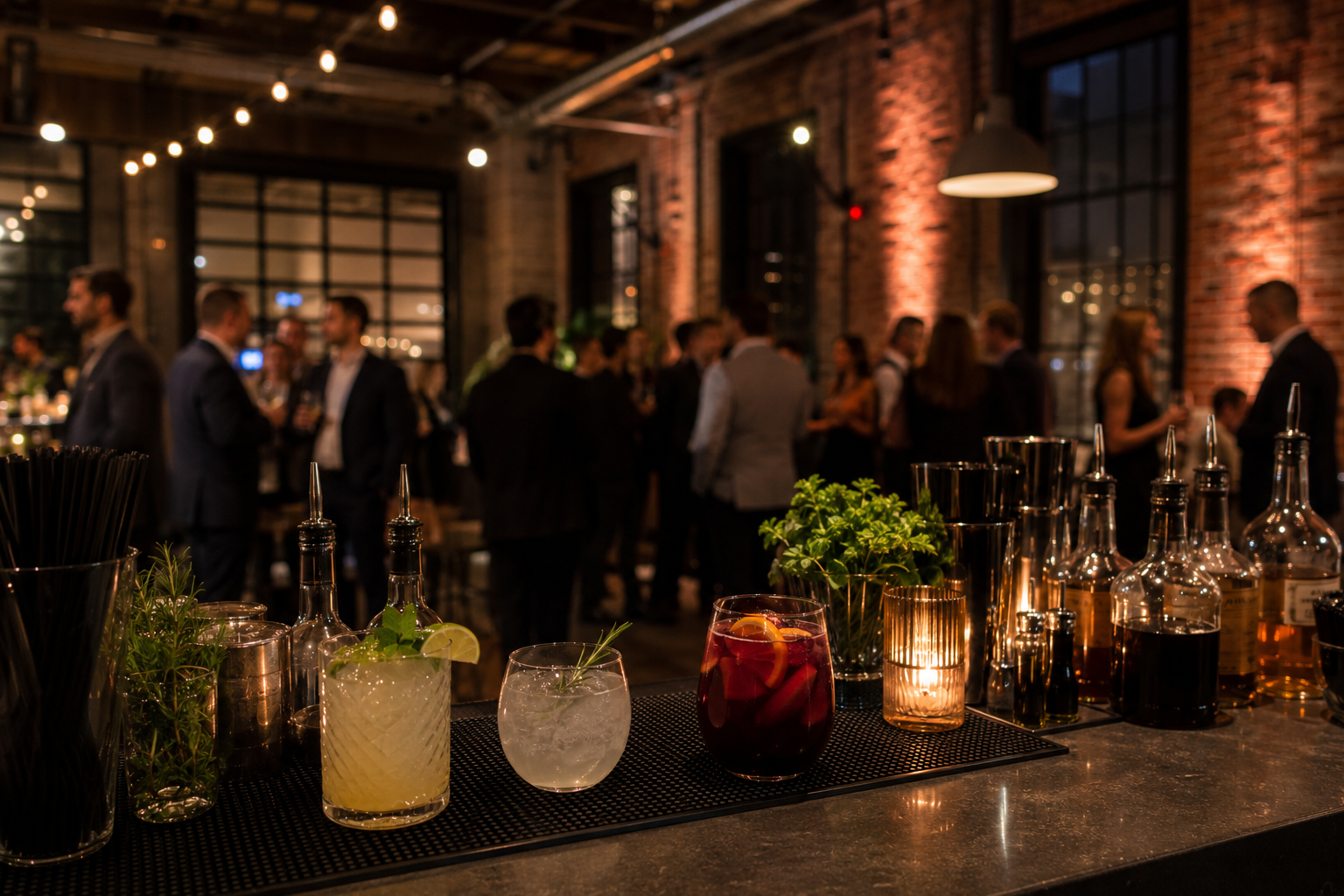 Cocktails and bar tools on a counter at a lively indoor party or bar with people socializing in the background, brick walls, large windows, and warm lighting.