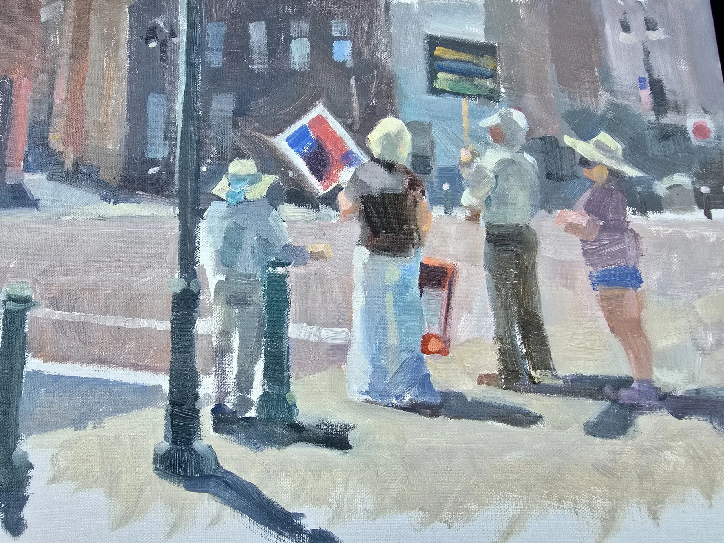 Oil painting done by Jennifer Sampson depicting a protest scene. Four ambiguous people are pictured in a row near a crosswalk, two are holding picket signs.