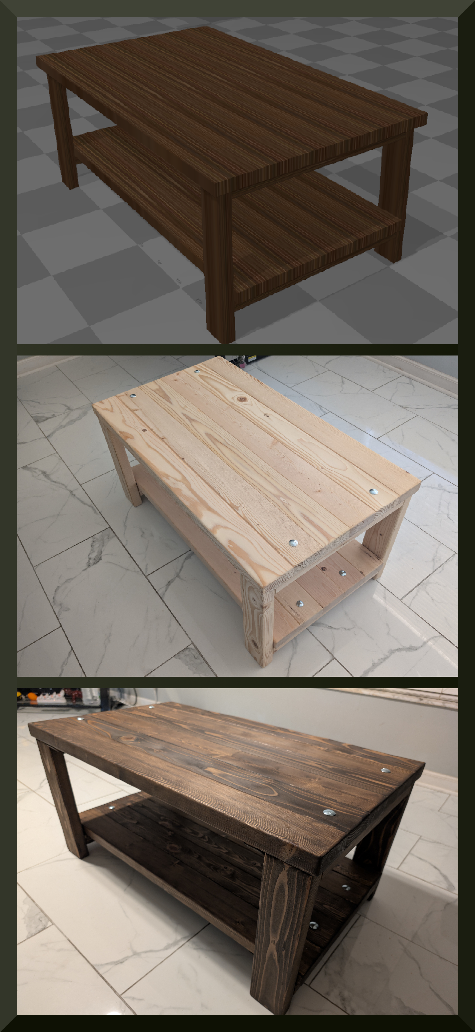 Showing the three stages of a project, from 3D model to initial assembly to final finish.