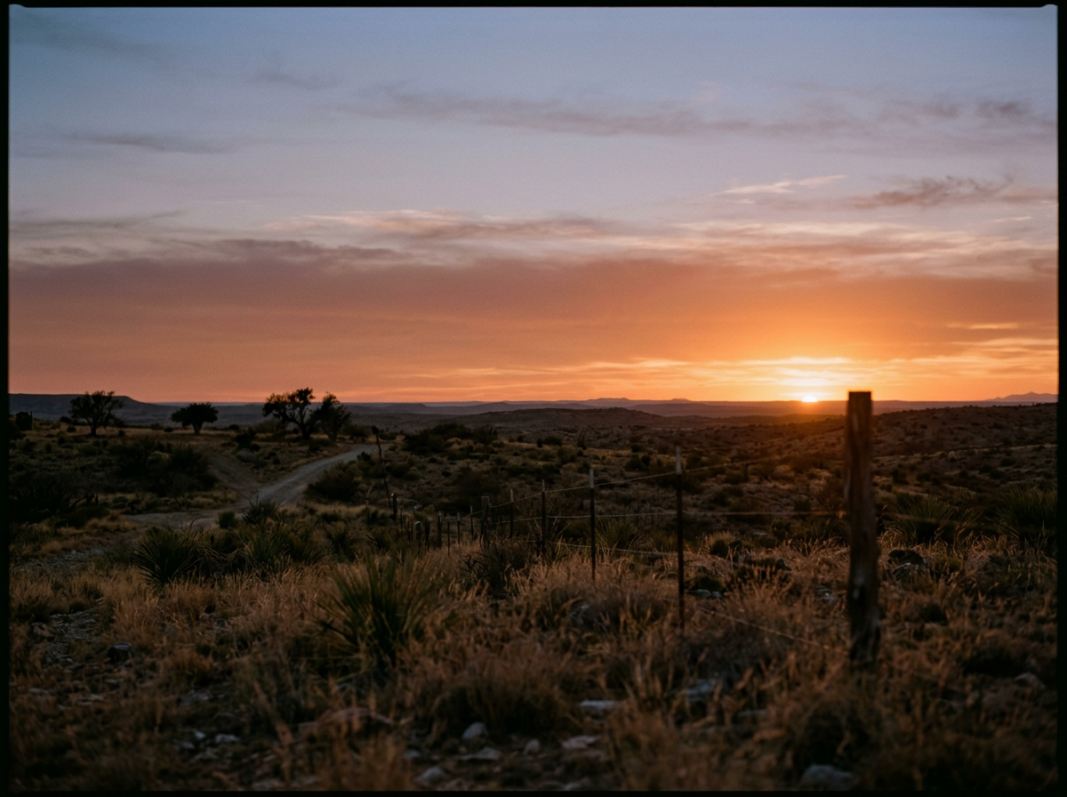 A desert landscape at sunset with a dirt path, sparse bushes, and trees in the distance, and a fence in the foreground.