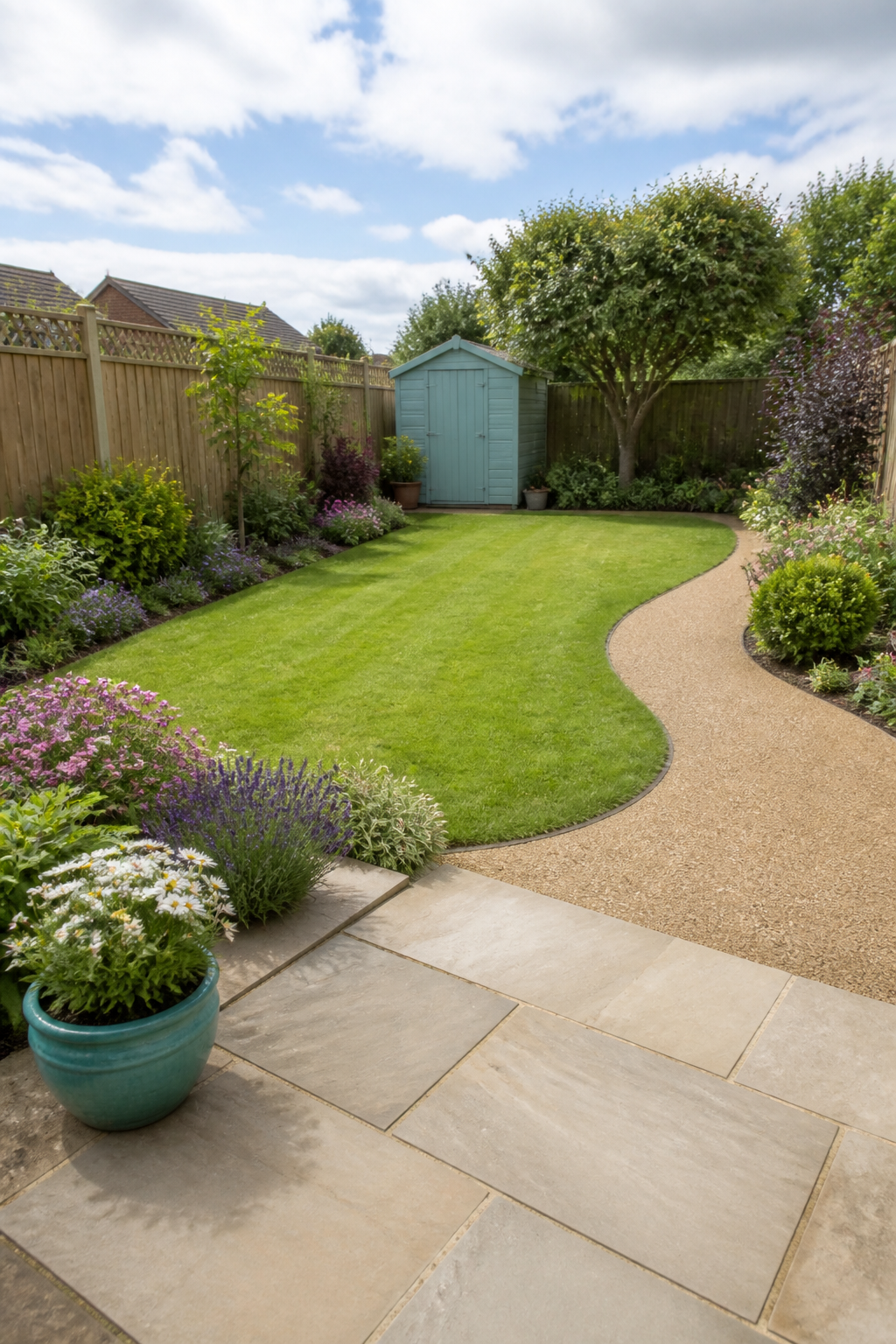 A backyard garden with a stone patio, lush green lawn, pathway, colorful flowers, small trees, and a blue garden shed under a partly cloudy sky.