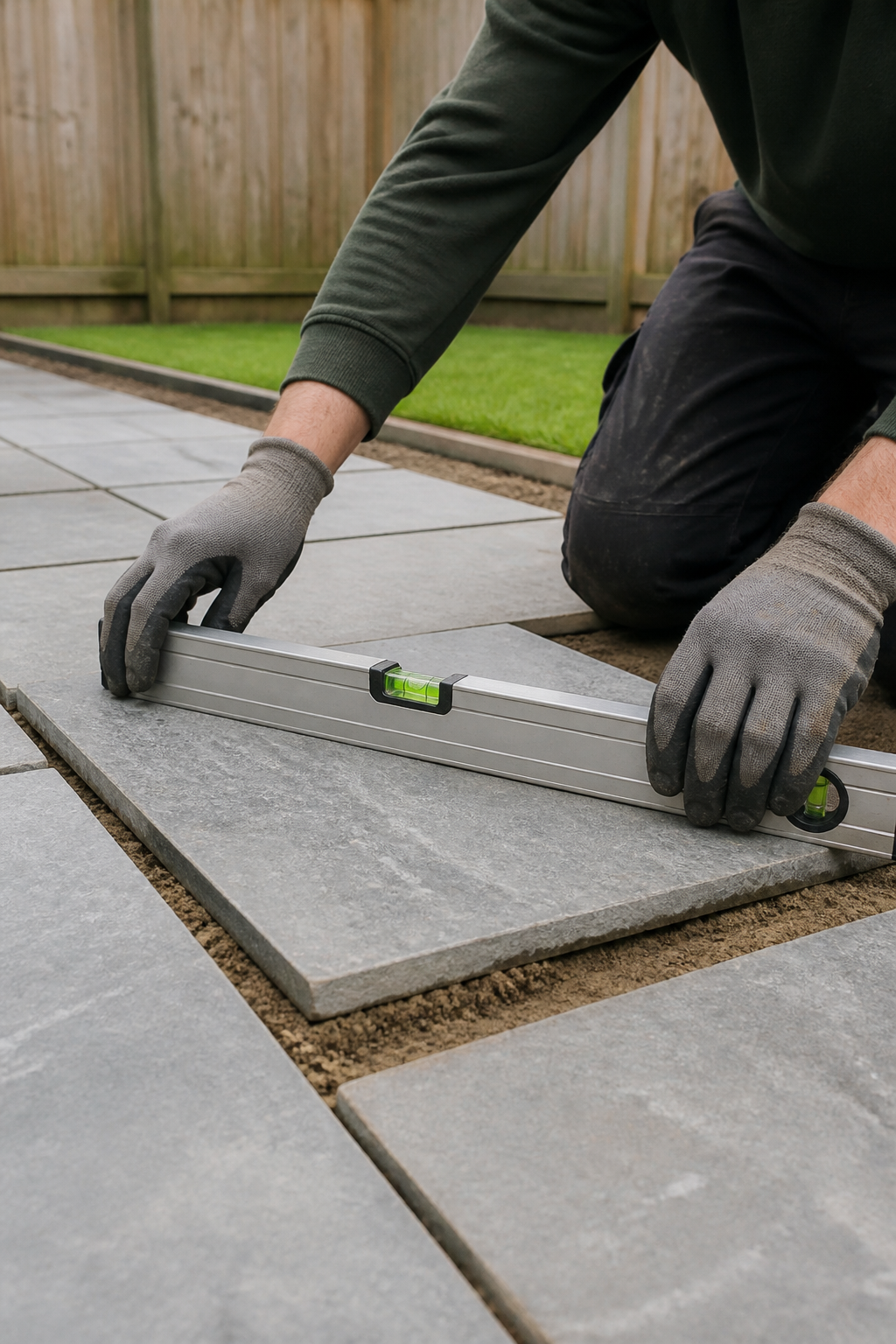 Landscaper checking a paving slab with a spirit level