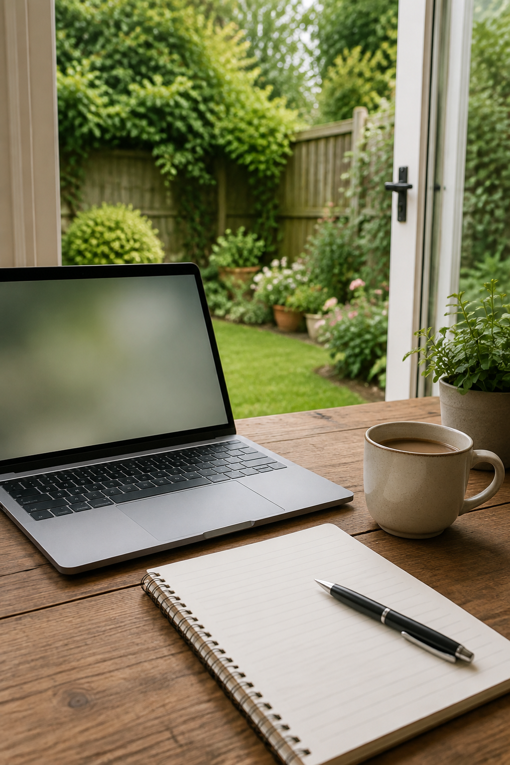 Laptop, notebook and coffee overlooking a garden