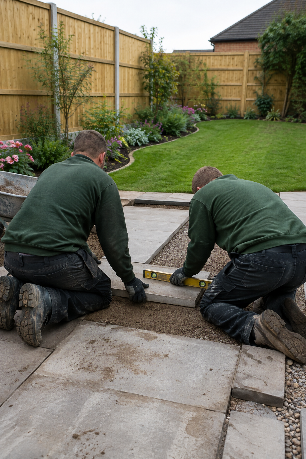 Two landscapers installing paving in a garden