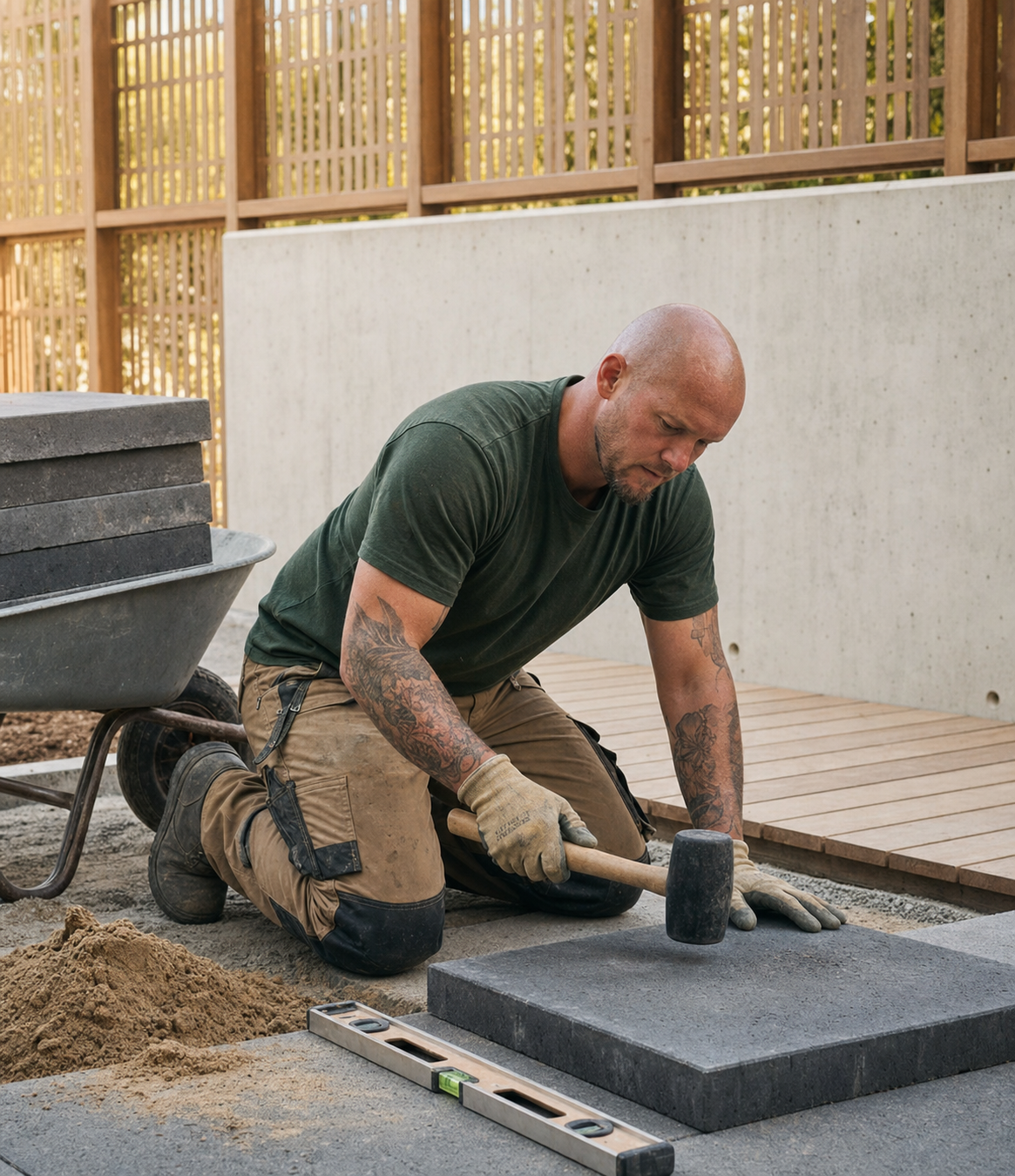 A man kneeling on the ground, using a hammer to set a stone paver in place during a landscaping project.