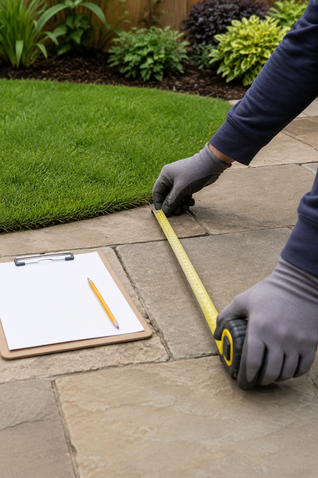 Landscaper measuring a garden patio for a quote