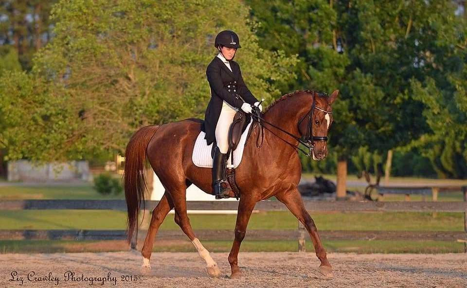 A woman dressed in formal riding attire, including a black helmet, riding a chestnut horse during a dressage event in an outdoor arena with trees in the background.