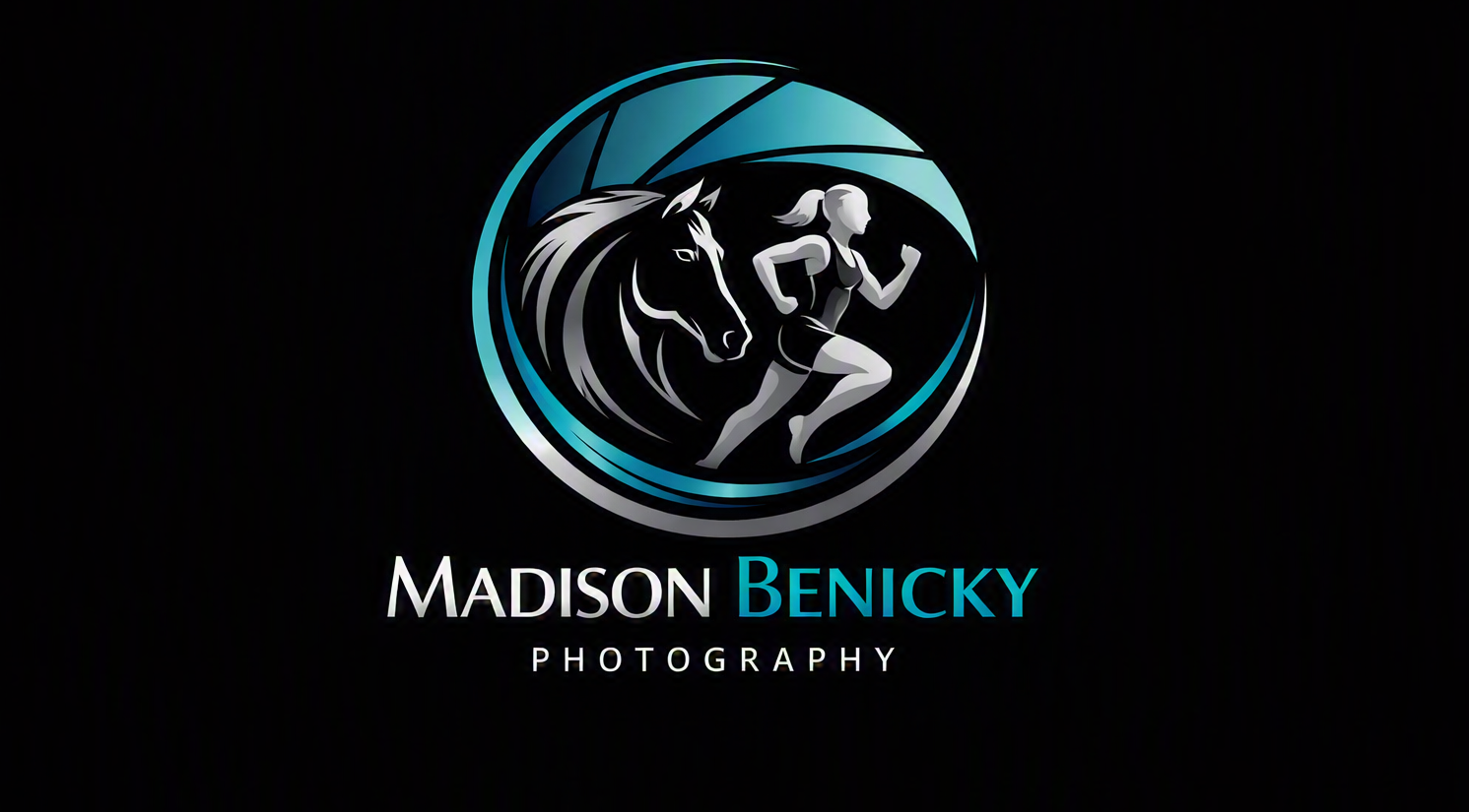 Black background with a circular logo featuring a running woman and a horse's head. The logo has blue, gray, and white accents. Below, text reads "Madison Benicky Photography" with Madison and Photography in gray and Benicky in blue.