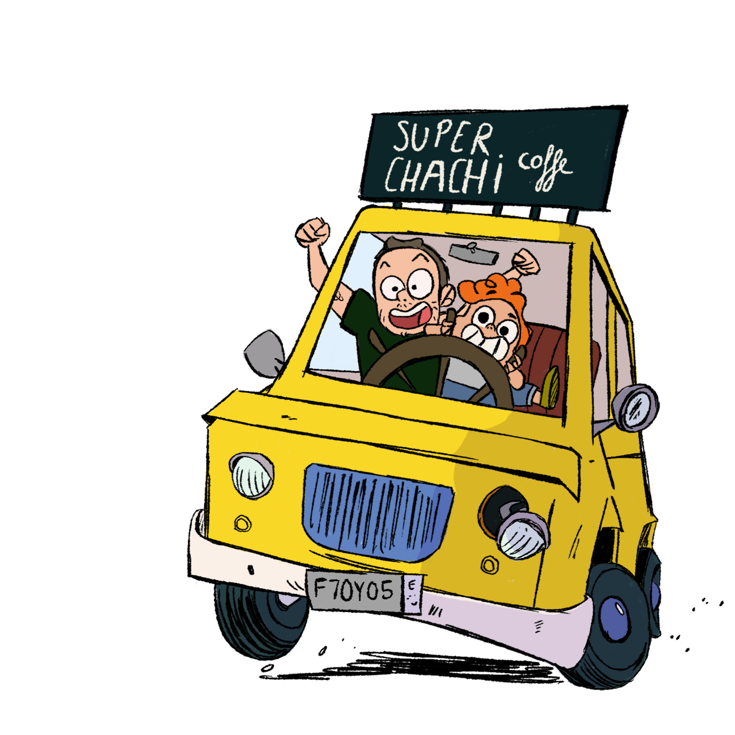 Illustration of a yellow car with a sign on top advertising super chachi coffee. Two excited kids, a boy with glasses and a girl with red hair, are inside the car, smiling and showing raised fists.