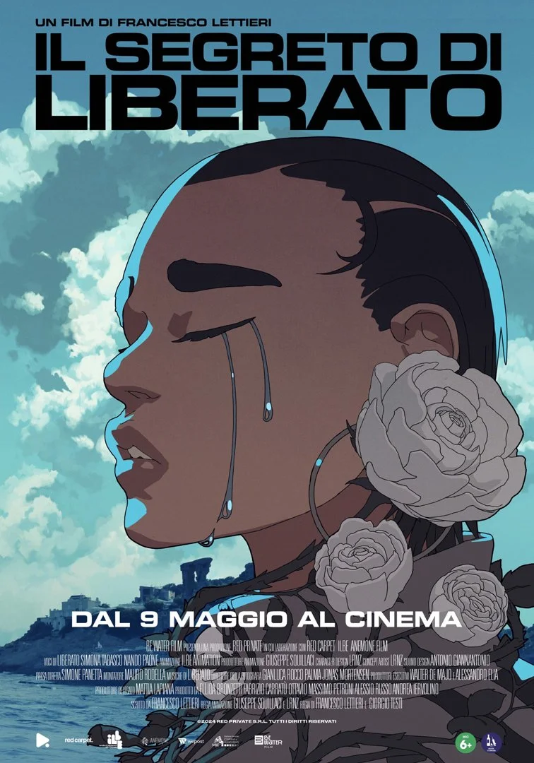 Movie poster for 'Il Segreto di Liberato' showing a side profile of a woman with closed eyes and tears, adorned with large white roses against a cloudy sky background.