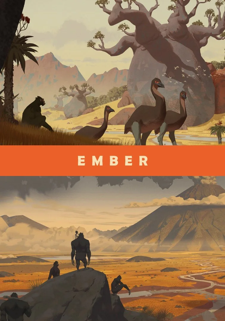 A prehistoric scene featuring dinosaurs, including a large baobab tree and a volcanic mountain landscape with several dinosaurs, including a group of three small theropods and a larger theropod, in a barren, rocky terrain under a cloudy sky. The word 'EMBER' is displayed in white on an orange banner in the middle of the image.