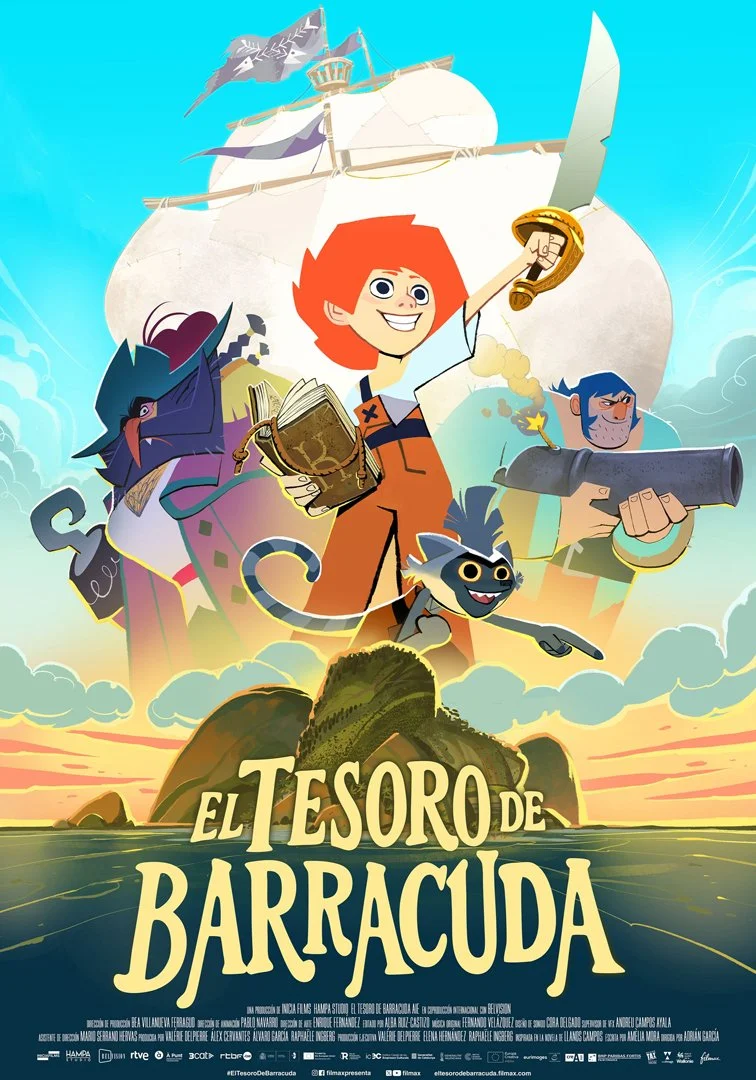 Animated movie poster featuring a girl with red hair holding a sword and a book, surrounded by a pirate ship, a barrel with a pig-like creature, a man with a cannon, and a small black and white cat, set against a sunset and island background. Title: 'El Tesoro de Barracuda'.
