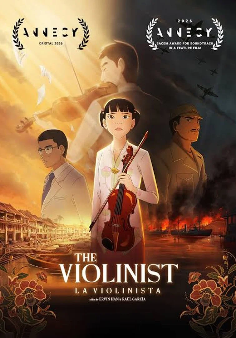 Animated poster for the film 'The Violinist' featuring female character holding a violin and bow, with three other characters in the background, set against a fiery landscape with smoke, planes, and a sunset, with film awards and titles displayed.
