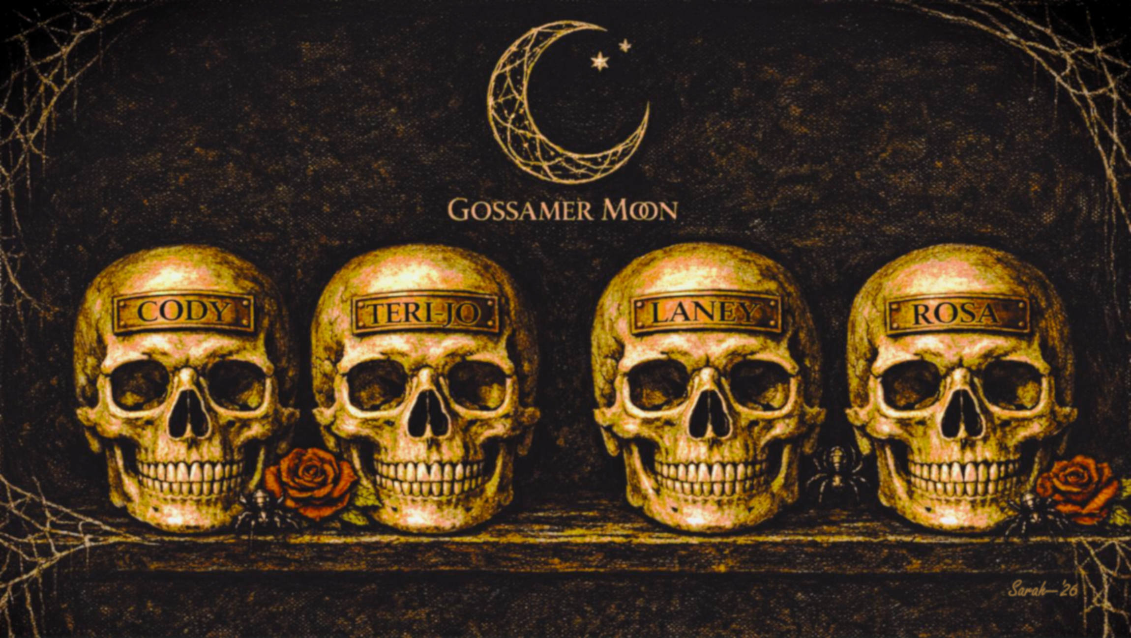 Four human skulls with name tags reading 'CODY', 'TERIJO', 'LANEY', and 'ROSA' arranged in a row in front of a dark background with a crescent moon, stars, and golden decorative elements. The text 'GOSSAMER MOON' appears above the skulls.