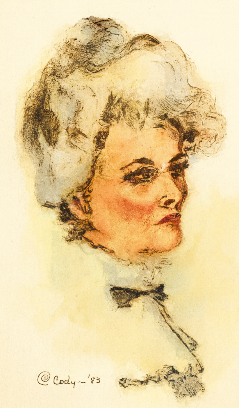 A watercolor portrait of a woman with styled gray hair, wearing earrings, and a black bow tie, with the artist's signature 'Cody-83' in the bottom left corner.