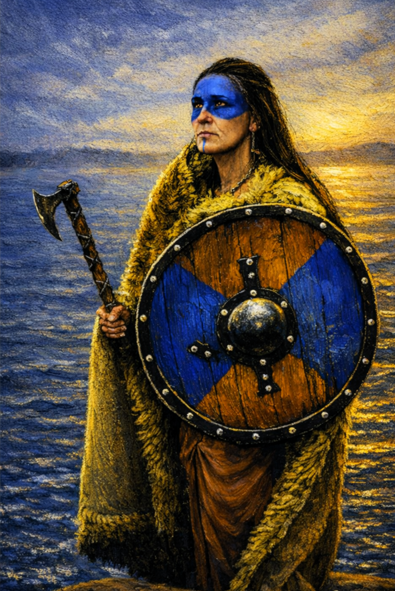 A woman dressed as a Viking warrior stands by the sea at sunset, wearing a yellow fur cloak, face paint, and holding a round shield with blue and orange segments and a small axe.