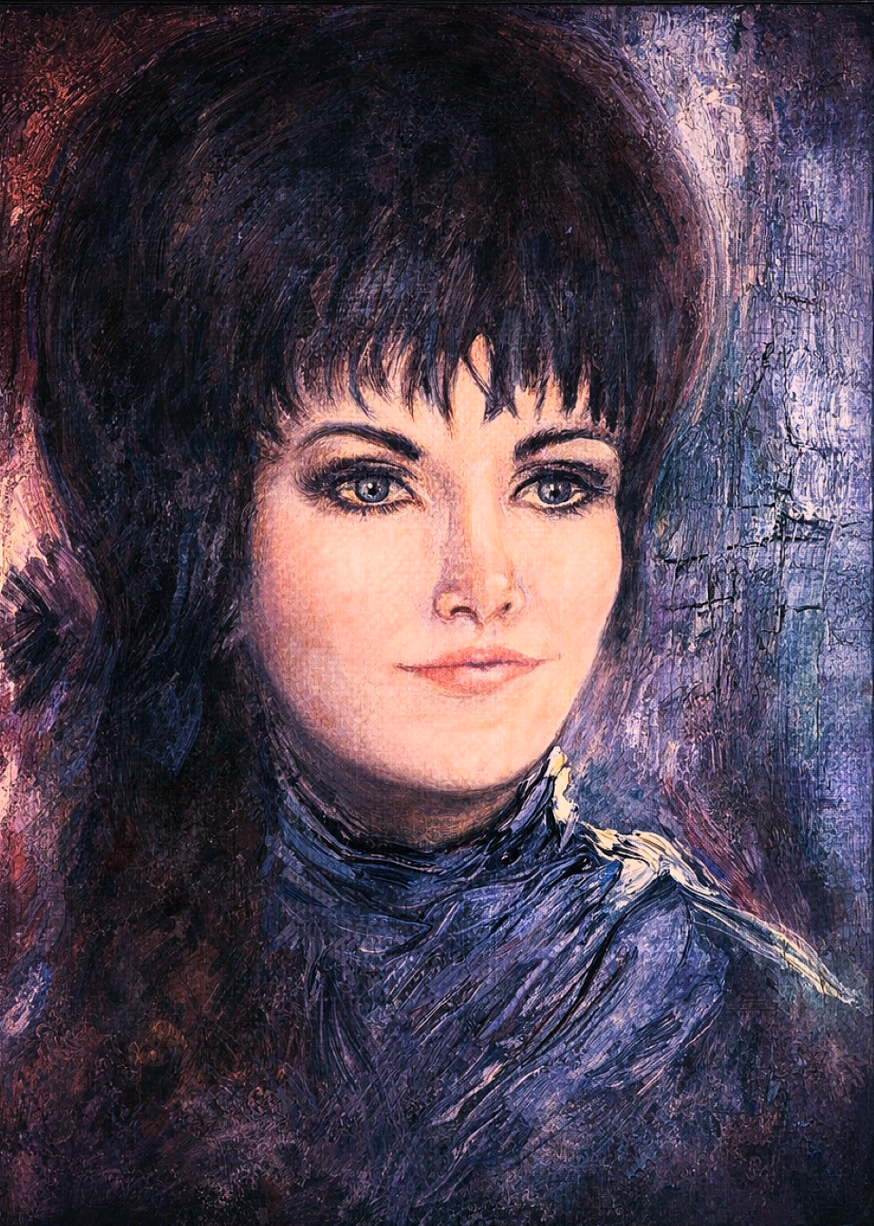 Portrait of a woman with dark hair, makeup, and a confident expression, wearing a dark top, painted in an artistic, textured style with purple and brown tones.