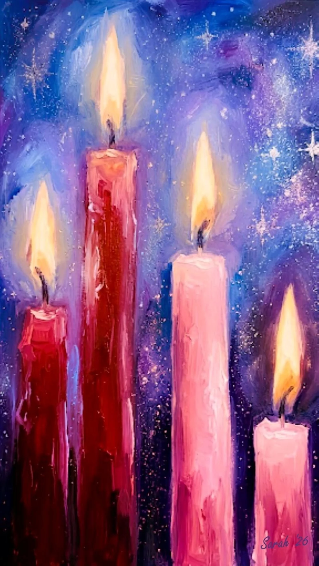 Painting of five melting candles of different heights with large flames against a starry, purple-blue cosmic background.