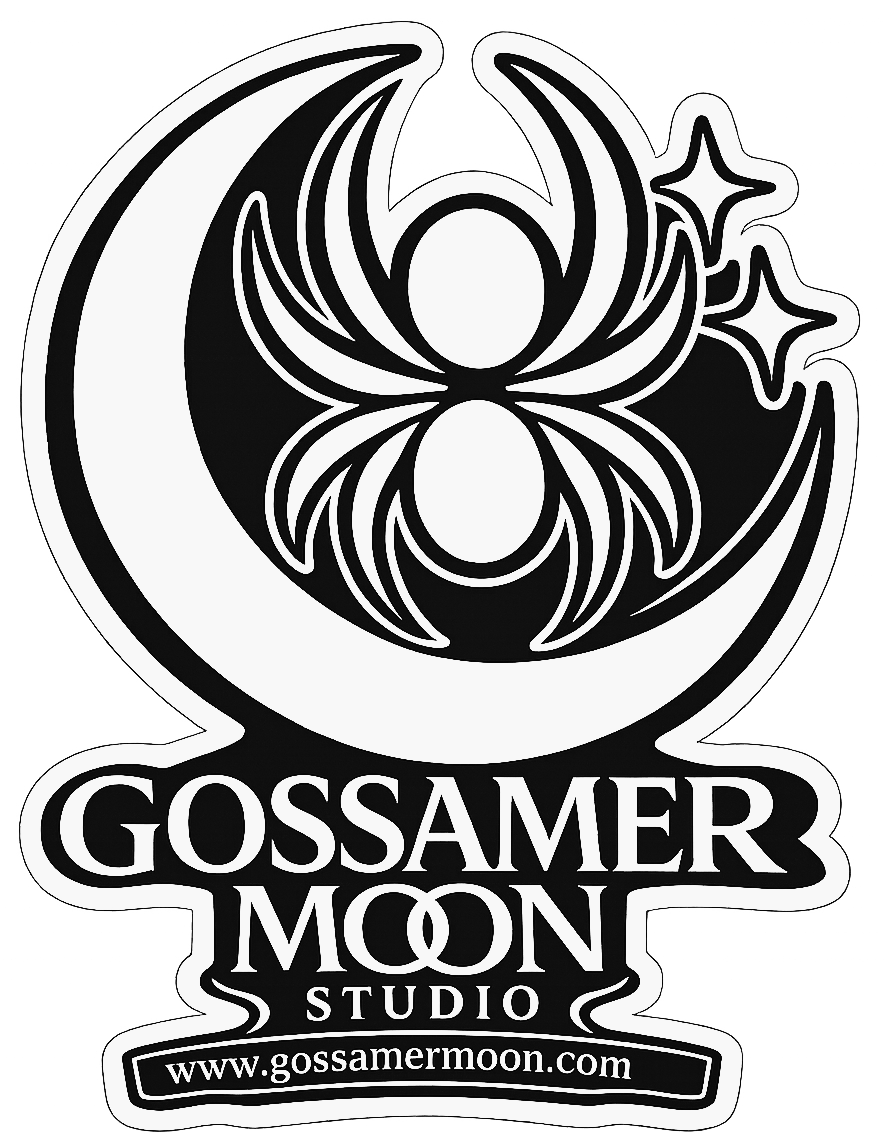 Black and white logo for Gossamer Moon Studio featuring a large crescent moon with a spider and medical stars inside it, and the studio's website URL at the bottom.