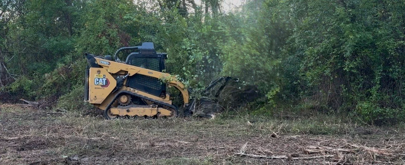 A small CAT bulldozer clearing overgrown vegetation in a forested area.
