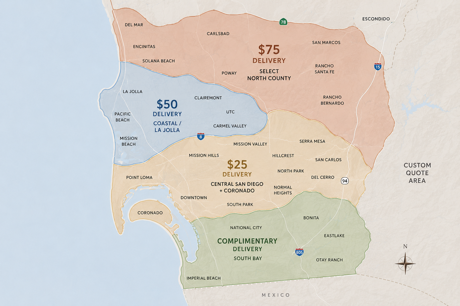 The Porch Society San Diego delivery zones for fall pumpkin porch styling, including complimentary delivery in South Bay, $25 central San Diego, $50 coastal area, and $75 north county