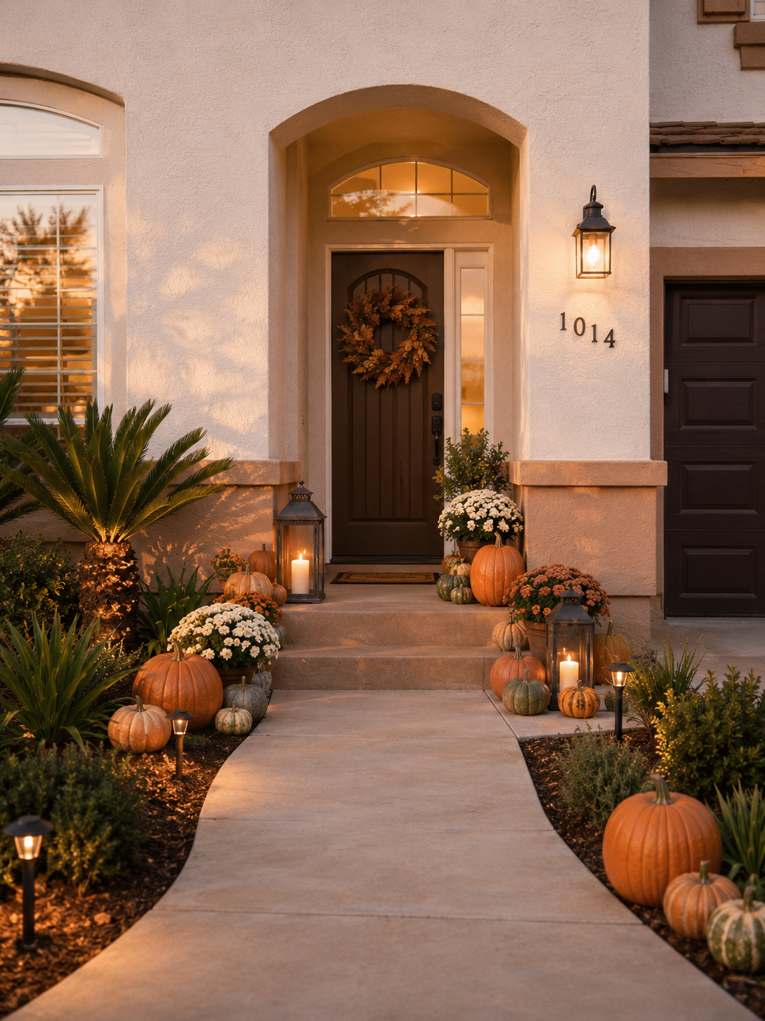Front porch and walkway decorated for fall with pumpkins lining the entryway.