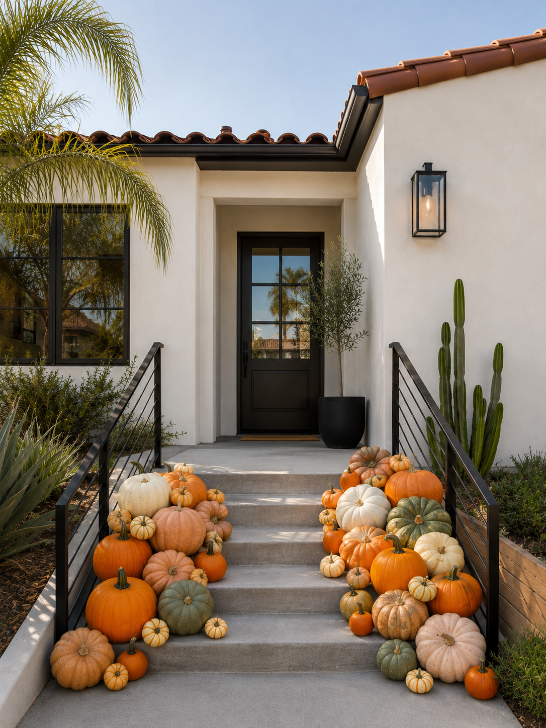 Front porch of a modern house decorated with a variety of pumpkins in yellows, oranges, white, and green to create a luxury fall style.